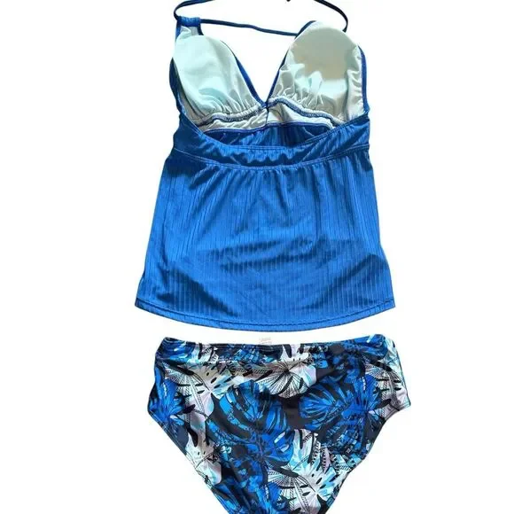 NIP Modlily Royal Blue Ribbed Tankini Set - Mid-Rise Palm Print - Size Large - Picture 4 of 4
